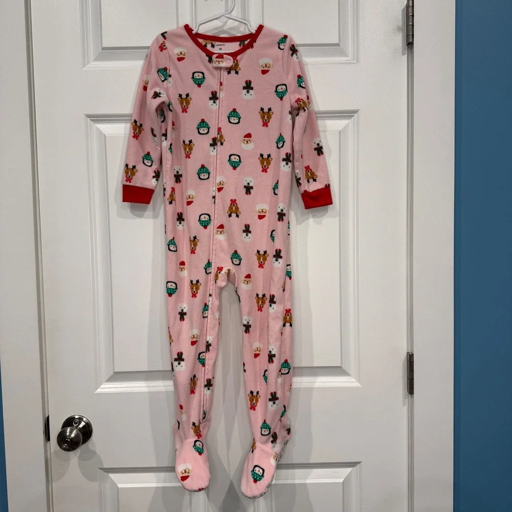 Carters Girls Pink Christmas Fleece Footed Pajamas Santa Reindeer‎ Size 4T